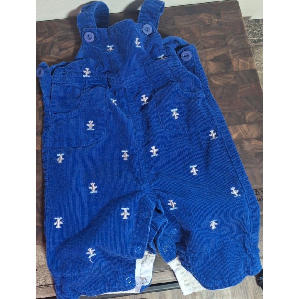Vintage Nursery Rhyme Blue Corduroy Overalls Romper 0-3M Embroidered Airplane
